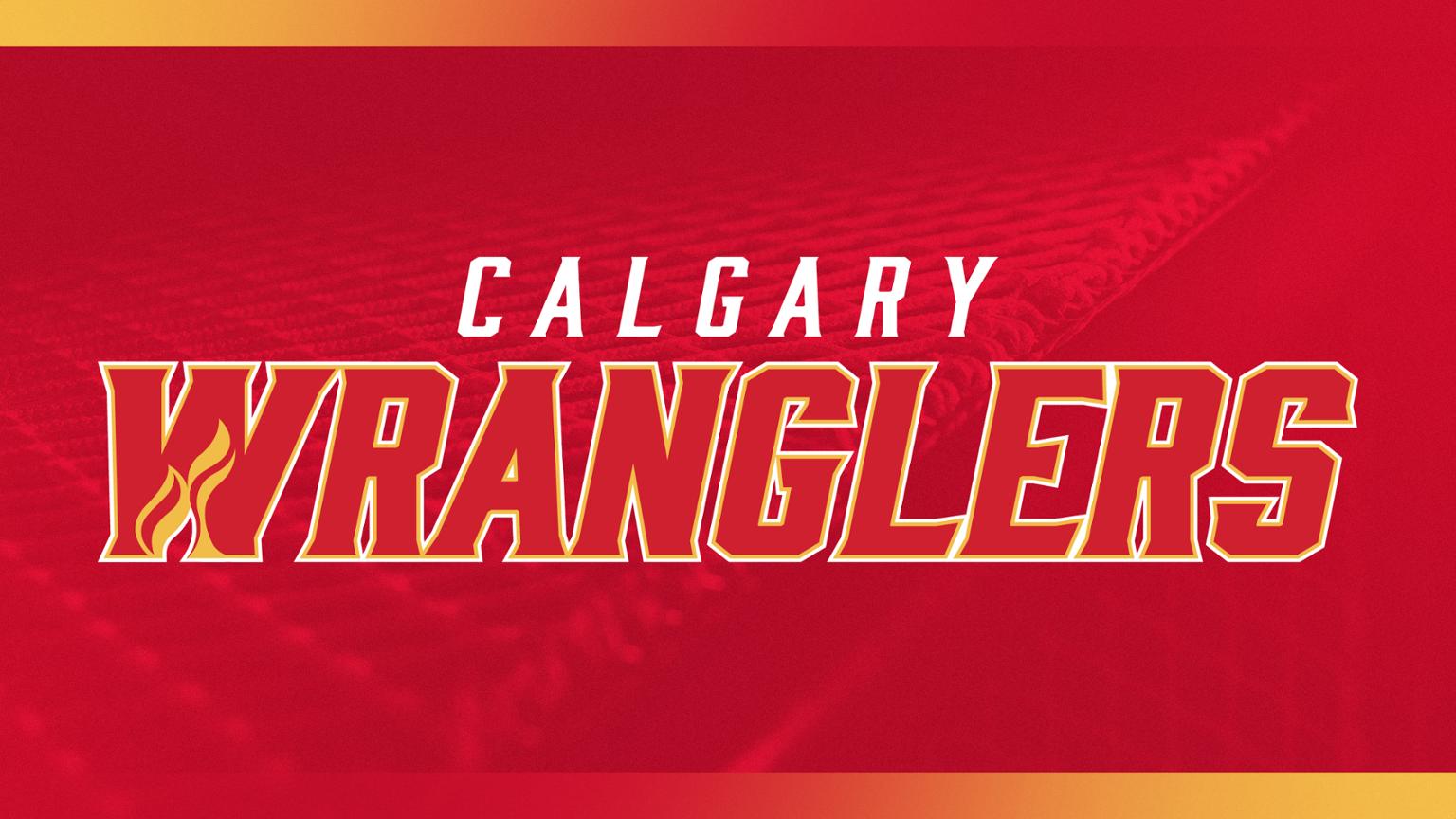 Calgary Wranglers logo with hockey net closeup background with red overlay