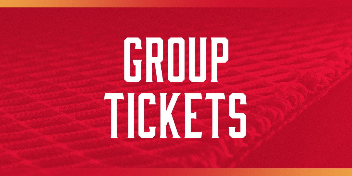 Group Tickets with hockey net closeup background with red overlay