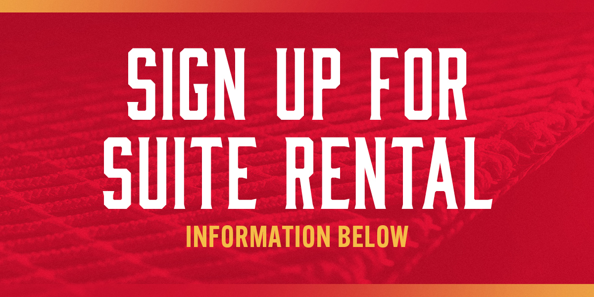 Sign up for Suite Rental Information Below with hockey net closeup in background with red overlay