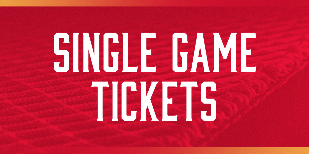 Single Game Tickets with hockey net closeup background with red overlay